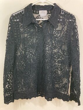 Lisa Black Sheer Button Up Blouse Size M Floral Trim Shirt